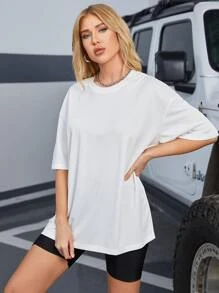 SHEIN EZwear 素色落肩袖超大號T恤 - 白色 - 查看 4