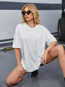 SHEIN EZwear 素色落肩袖超大號T恤 - 白色 - 查看 6