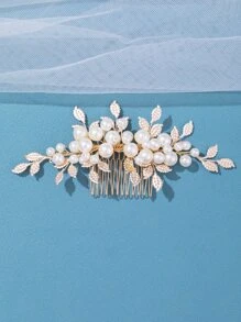 Lược cài tóc cô dâu trang trí hình chiếc lá và ngọc trai giả - Vàng - Xem 1