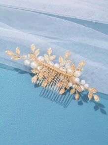 Lược cài tóc cô dâu trang trí hình chiếc lá và ngọc trai giả - Vàng - Xem 2