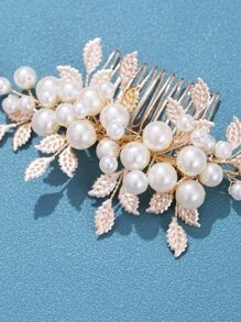 Lược cài tóc cô dâu trang trí hình chiếc lá và ngọc trai giả - Vàng - Xem 3