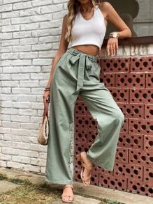 SHEIN LUNE 女款綠色腰帶連身褲，夏季款 - 綠色 - 查看 6