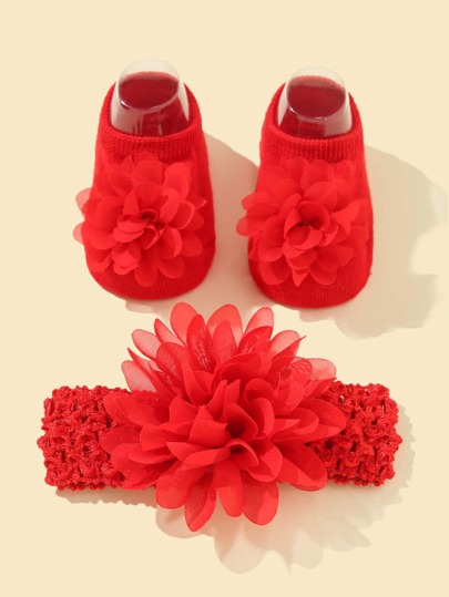 1雙嬰兒花朵裝飾襪子和1入組髮帶