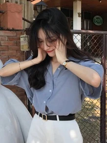 Camisa amplia unicolor de hombros caídos - Neblina azul - Ver 1