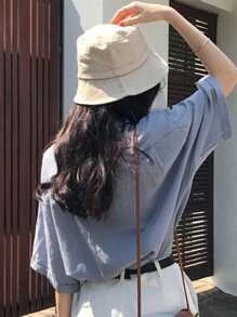 Camisa amplia unicolor de hombros caídos - Neblina azul - Ver 2