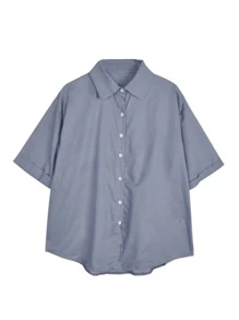 Camisa amplia unicolor de hombros caídos - Neblina azul - Ver 3