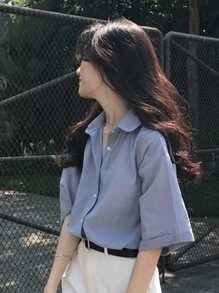 Camisa amplia unicolor de hombros caídos - Neblina azul - Ver 4