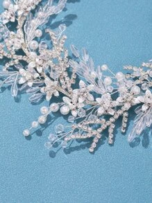 水鑽和人造珍珠裝飾新娘髮帶 - 銀色 - 查看 3