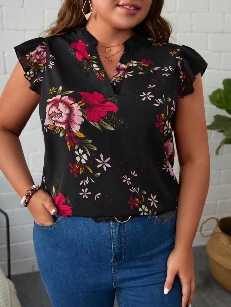 SHEIN Clasi 大碼印花缺口領蝴蝶袖襯衫 - 黑色 - 查看 1