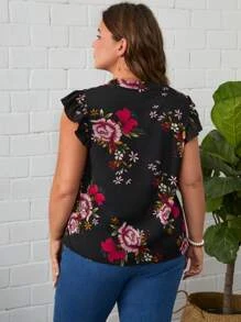 SHEIN Clasi 大碼印花缺口領蝴蝶袖襯衫 - 黑色 - 查看 2