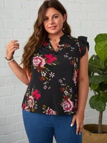 SHEIN Clasi 大碼印花缺口領蝴蝶袖襯衫 - 黑色 - 查看 4