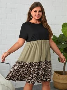 SHEIN LUNE 大碼豹紋印花撞色荷葉邊娃娃裙 - 彩色 - 查看 4