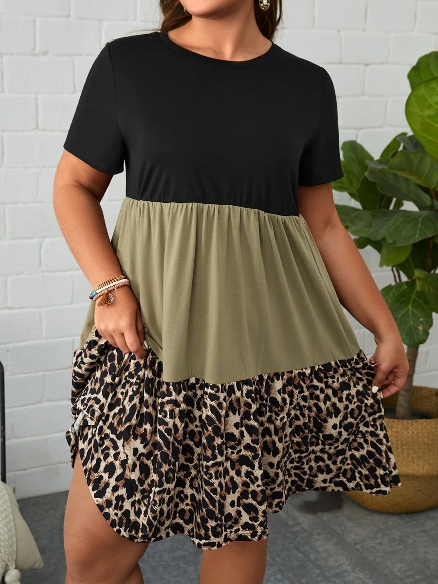 SHEIN LUNE 大碼豹紋印花撞色荷葉邊娃娃裙 - 彩色 - 查看 1