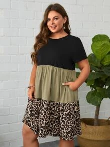 SHEIN LUNE 大碼豹紋印花撞色荷葉邊娃娃裙 - 彩色 - 查看 5