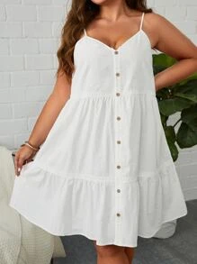 SHEIN VCAY Đầm Plus Size Viên lá sen Nút phía trước màu trơn Boho - trắng - Xem 3
