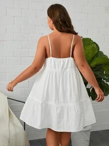 SHEIN VCAY Đầm Plus Size Viên lá sen Nút phía trước màu trơn Boho - trắng - Xem 2