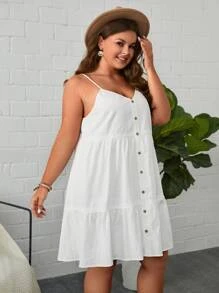 SHEIN VCAY Đầm Plus Size Viên lá sen Nút phía trước màu trơn Boho - trắng - Xem 4