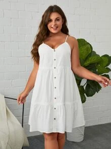 SHEIN VCAY Đầm Plus Size Viên lá sen Nút phía trước màu trơn Boho - trắng - Xem 5