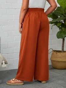 SHEIN LUNE 大碼紙袋腰前繫帶闊腿褲 - 亮橙色 - 查看 2