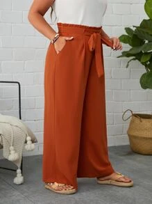 SHEIN LUNE 大碼紙袋腰前繫帶闊腿褲 - 亮橙色 - 查看 3