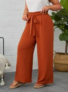 SHEIN LUNE 大碼紙袋腰前繫帶闊腿褲 - 亮橙色 - 查看 4