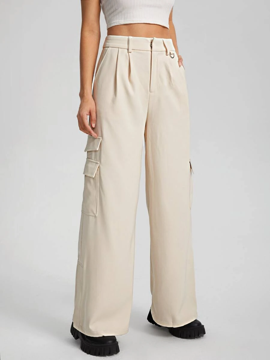 Victoria Isabelle Flap Pocket Side Cargo Trousers - Beige - View 1