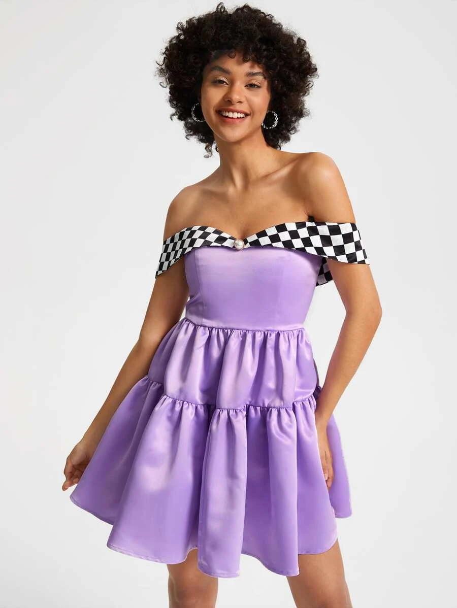 Jacqueline City Vestido de hombros descubiertos con estampado de cuadros bajo con fruncido