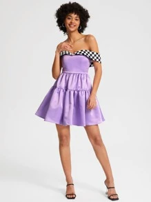 Jacqueline City Vestido de hombros descubiertos con estampado de cuadros bajo con fruncido