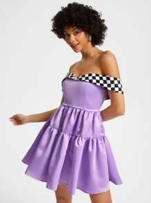 Jacqueline City Vestido de hombros descubiertos con estampado de cuadros bajo con fruncido