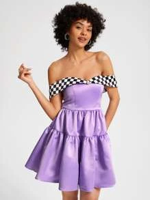 Jacqueline City Vestido de hombros descubiertos con estampado de cuadros bajo con fruncido