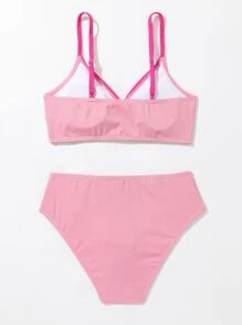 SHEIN Teen Girls Color Block Ring Linked Bikini Set Summer Beach - Pink - View 2
