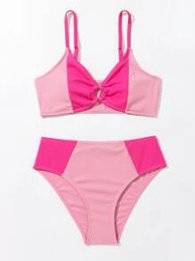 SHEIN Teen Girls Color Block Ring Linked Bikini Set Summer Beach - Pink - View 1
