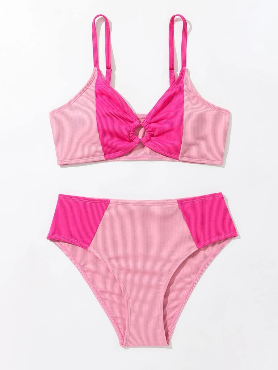 SHEIN Teen Girls Color Block Ring Linked Bikini Set Summer Beach - Pink - View 1