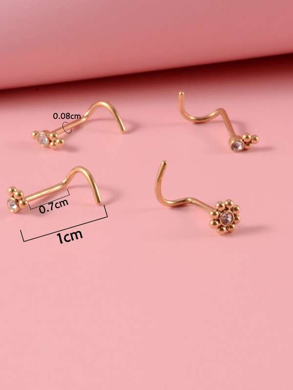4pcs/set Rhinestone Decor Nose Stud Stainless Steel Popular Piercing