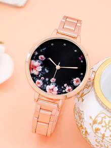 1pc Floral Print Dial Quartz Watch & 2pcs Bracelet - Rose Gold - View 2