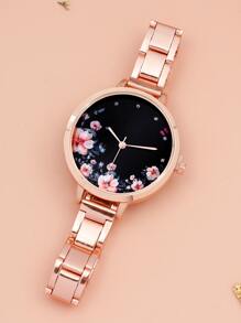 1pc Floral Print Dial Quartz Watch & 2pcs Bracelet - Rose Gold - View 3