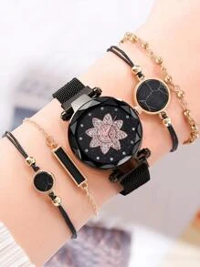 1pc Rhinestone Decor Quartz Watch & 4pcs Bracelet - Black - View 1