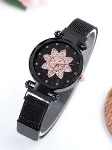 1pc Rhinestone Decor Quartz Watch & 4pcs Bracelet - Black - View 2
