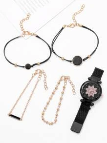1pc Rhinestone Decor Quartz Watch & 4pcs Bracelet - Black - View 3