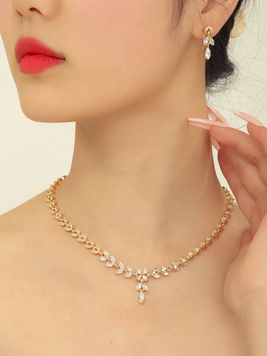 3pcs/set Rhinestone Leaf Decor Jewelry Set - Yellow Gold - View 1