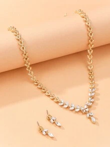3pcs/set Rhinestone Leaf Decor Jewelry Set - Yellow Gold - View 2