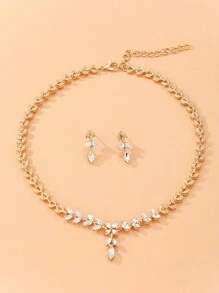 3pcs/set Rhinestone Leaf Decor Jewelry Set - Yellow Gold - View 4