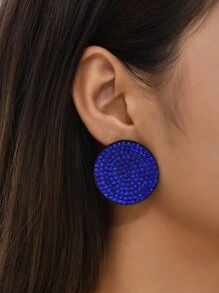 水鑽裝飾圓形耳釘 - 寶藍色 - 查看 1