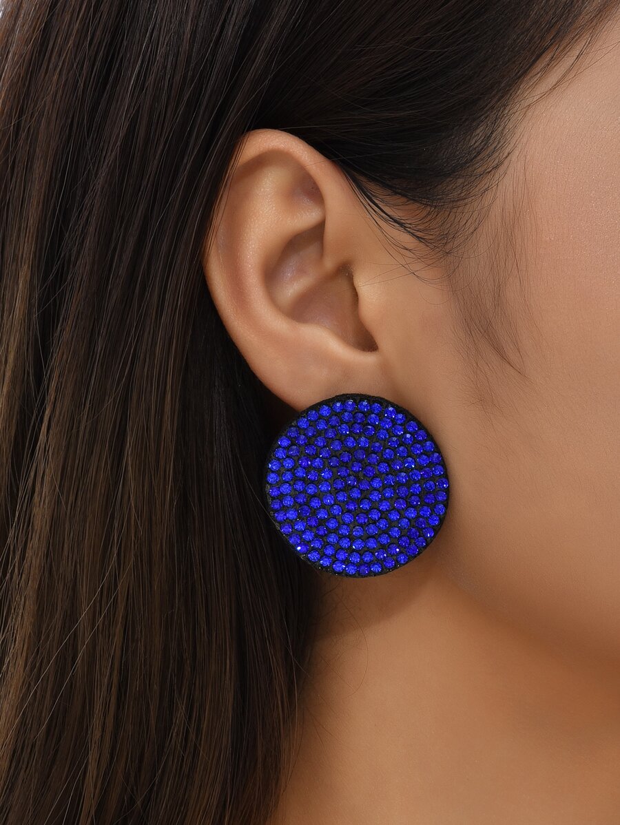水鑽裝飾圓形耳釘 - 寶藍色 - 查看 1