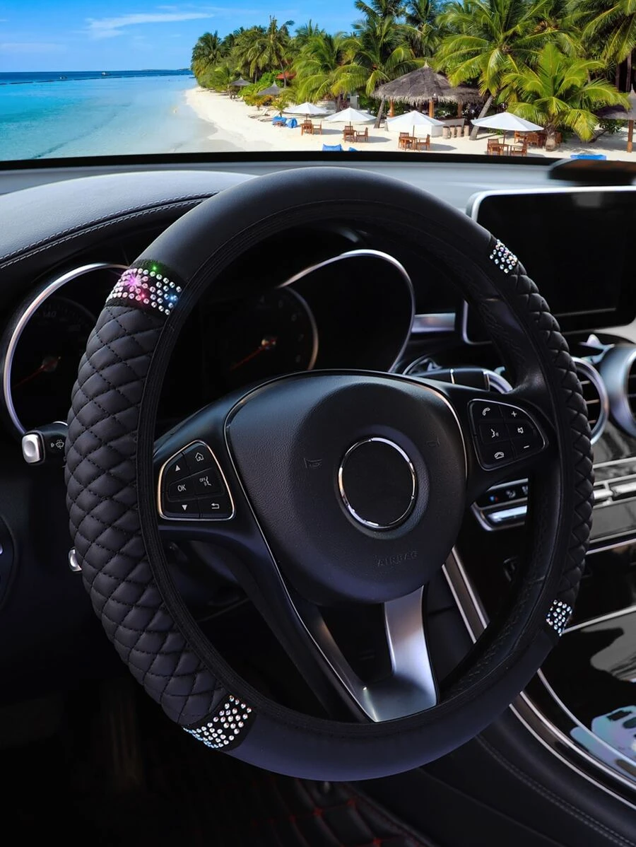 1 PC Chần Gòn Chi Tiết Kim Cương Giả Trang Trí Bọc Vô Lăng Ô Tô - màu đen - Xem 1