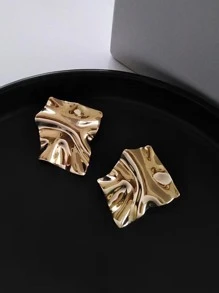 Textured Metal Stud Earrings - Yellow Gold - View 3