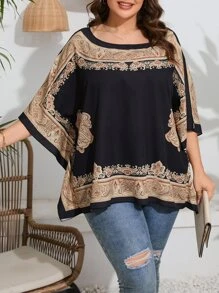 Mulvari Plus Paisley Print Batwing Sleeve Blouse