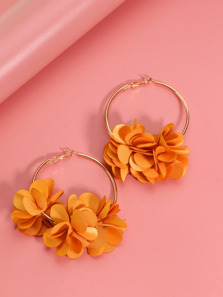 花朵裝飾圓耳環 - 橘色 - 查看 1
