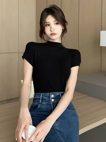 Camiseta delgada unicolor de cuello alto - Negro - Ver 3