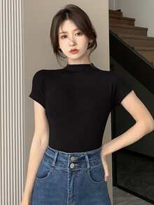 Camiseta delgada unicolor de cuello alto - Negro - Ver 4